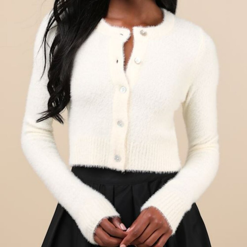 Lulus Cozy Sweetness Ivory Eyelash Knit Cropped Cardigan White - Size S